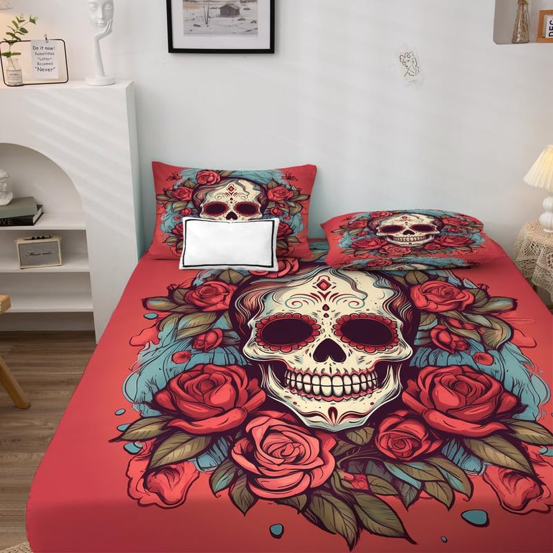 Miniatura 2 de Juego de sábanas de calavera tamaño California King, sábanas y fundas de almohada, 100% microfibra, bolsillo profundo, incluye 1 sábana encimera, 1