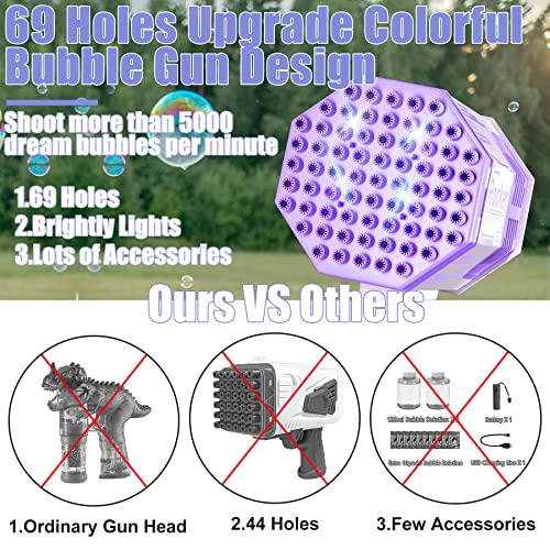 Dchyyds Bubble Rocket Boom Bubble Maker, Machine Gun,69 Holes Rocket Boom Bubble Blower With Colorful Lights,Bubble Maker For Toddlers Boys Girls Adult Summer Outdoor Birthday Wedding Party Purple #TOP1