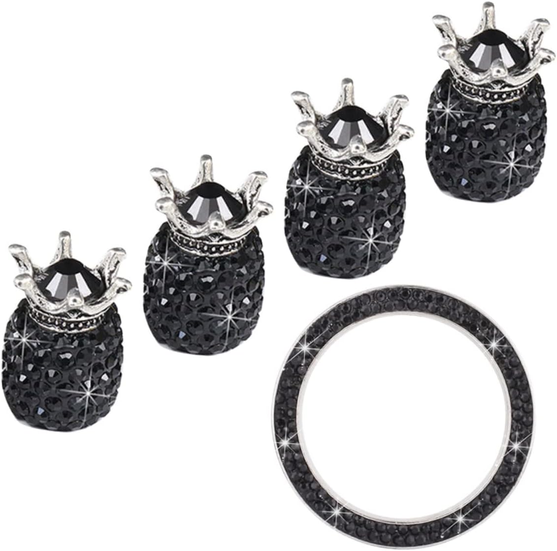 Wakauto 15pcs Rhinestone Car Tire Valve Stem Caps Ignition Button Set Black Sparkling Decorative Accessories for Auto Start Prevents Dust and Moisture