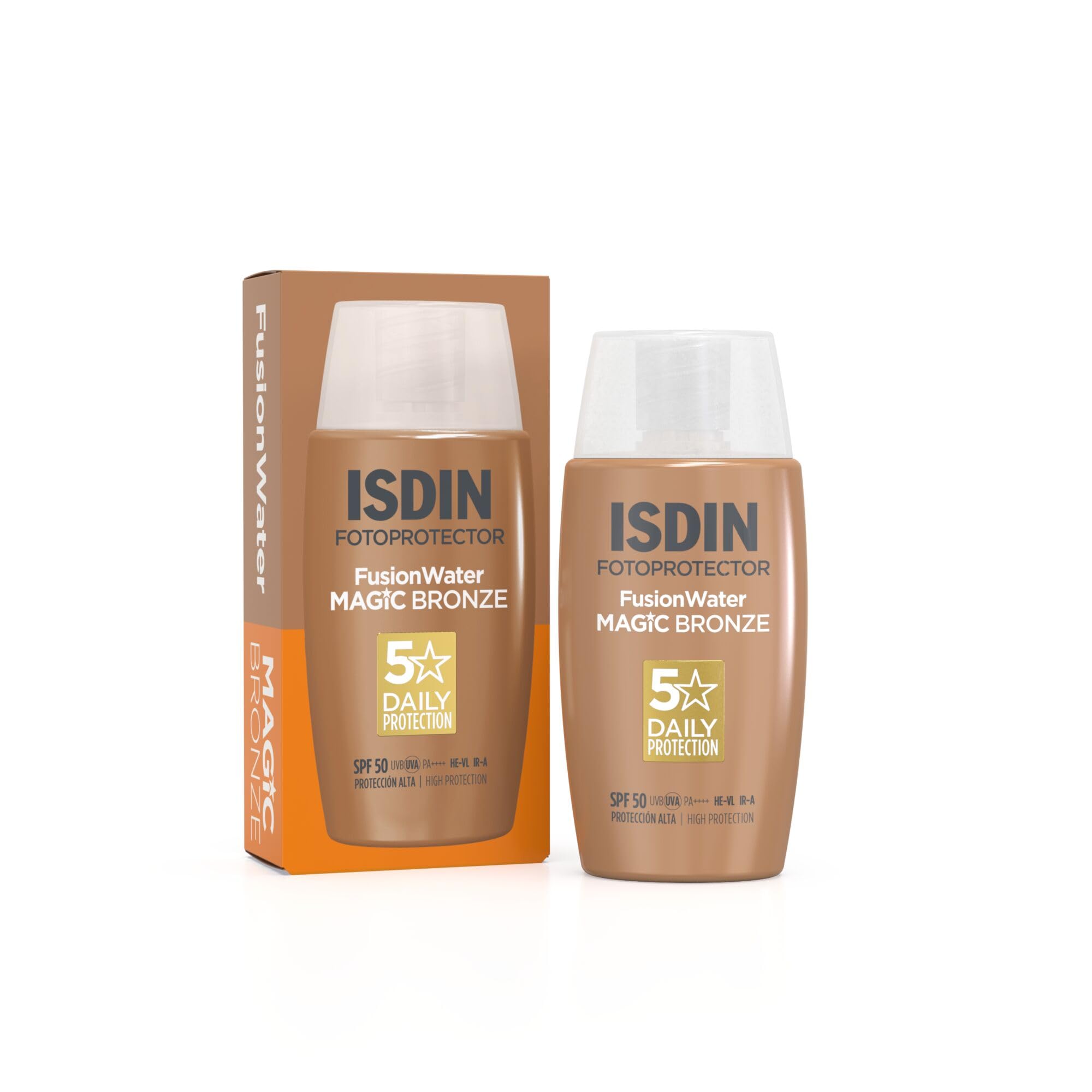 ISDIN Fotoprotector Fusion Water MAGIC Bronze SPF 50, Protector Solar Facial Ultraligero Con Color, Crema Solar Que Unifica El Tono Y Protege Con Tecnología Full Spectrum, En 3 Tonos -50 ml