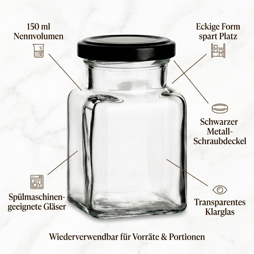 gouveo 24er Set Einmachgläser 150 ml (0,15 l) Einmachgläser 150 ml Sturzglas eckig mit schwarzem Metall-Schraubdeckel, Portionsgläser für Marmelade, Dessert, Joghurt (EGE150SZ) Küche, Haushalt & Wohnen