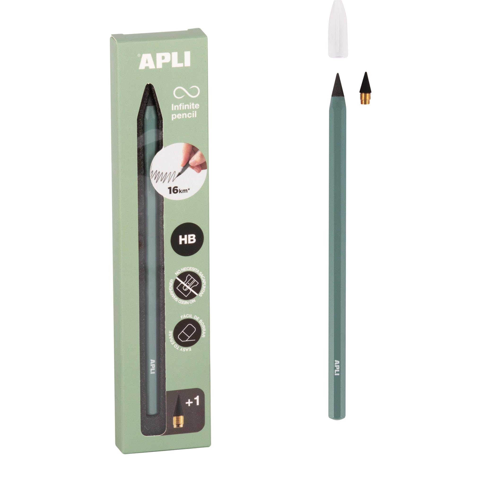 APLI 19801 - Lápiz infinito con cuerpo verde, lápiz eterno sin tinta con mina de recambio
