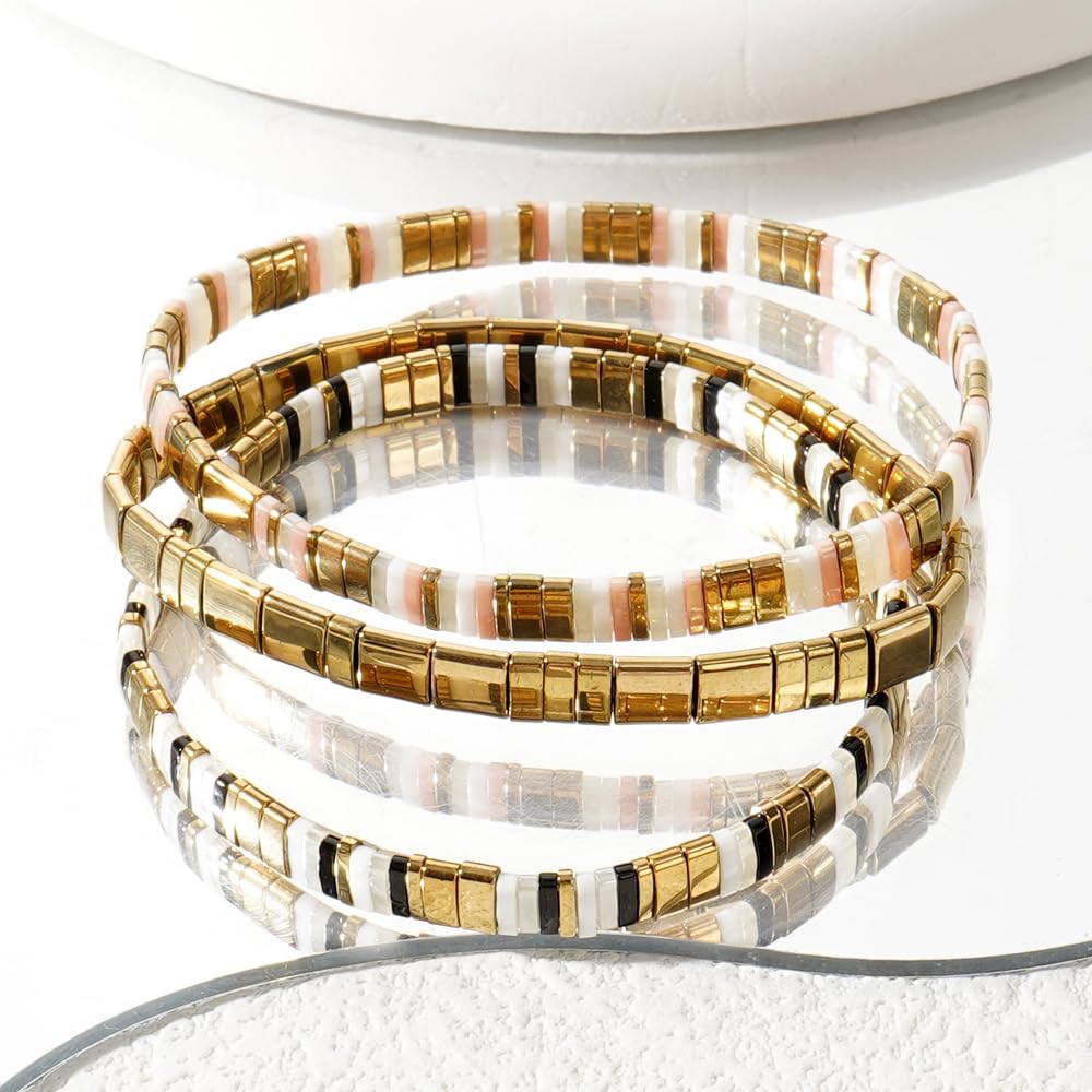 Tila Flat Beaded Bracelets for Women Bohemian Colorful Stretch Square Glass Bead Bracelet Stack Elastic Layering Stackable Handmade Boho Trendy Holiday Jewelry Accessories Friendship Gift - Image 3