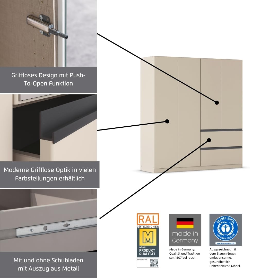 Rauch Möbel Costa, Kleiderschrank für Schlafzimmer, Kinderzimmer, Babyzimmer, Jugendzimmer, Flur, Garderobe 3-türig, 2 Schubladen, Push-to-Open, Farbe Weiß, Breite 136 cm