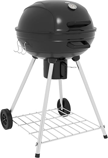 Outsunny Holzkohlegrill, Campinggrill mit Grillrost, Rädern, Ablage, Gartengrill mit Aschefänger, integriertem Thermometer für BBQ Metall Schwarz 55 x 65 x 89 cm