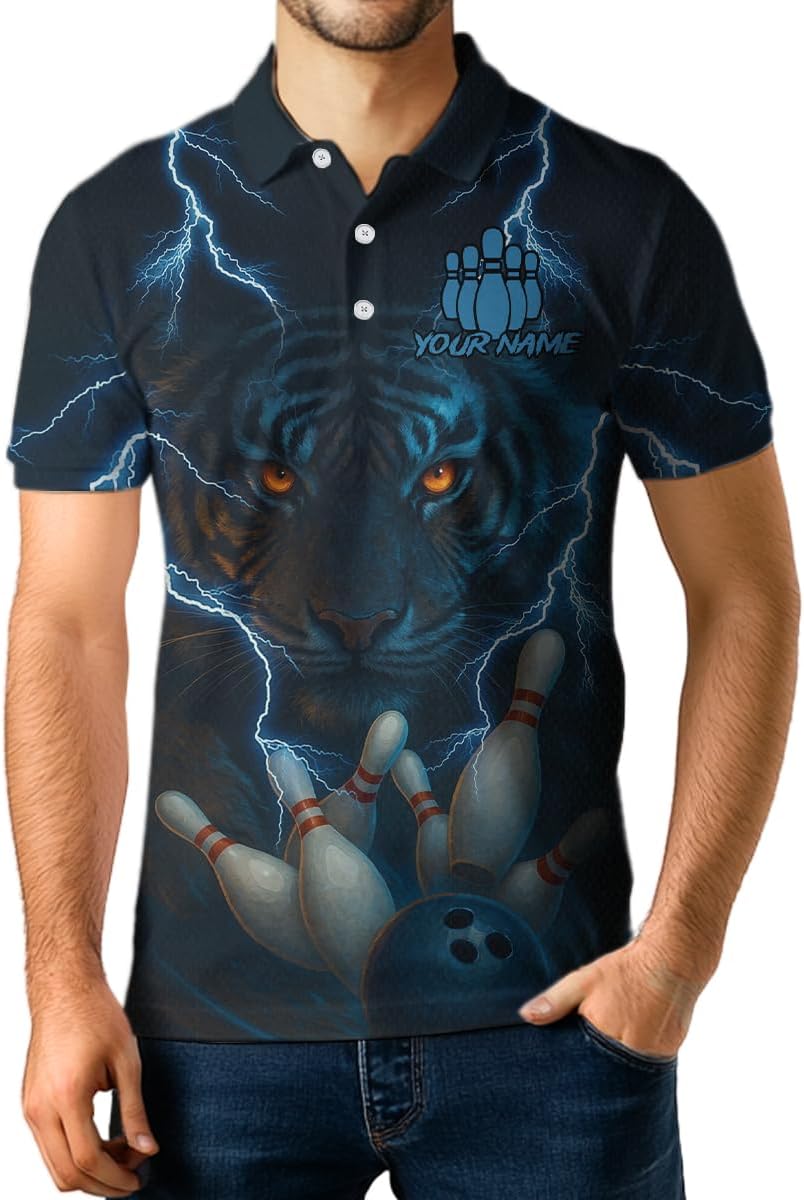 Tiger Bowling Shirts for Team Women Men Custom Bowling Jerseys Blue Lightning Bowling Polo and Quarter Zip Shirt Personalized