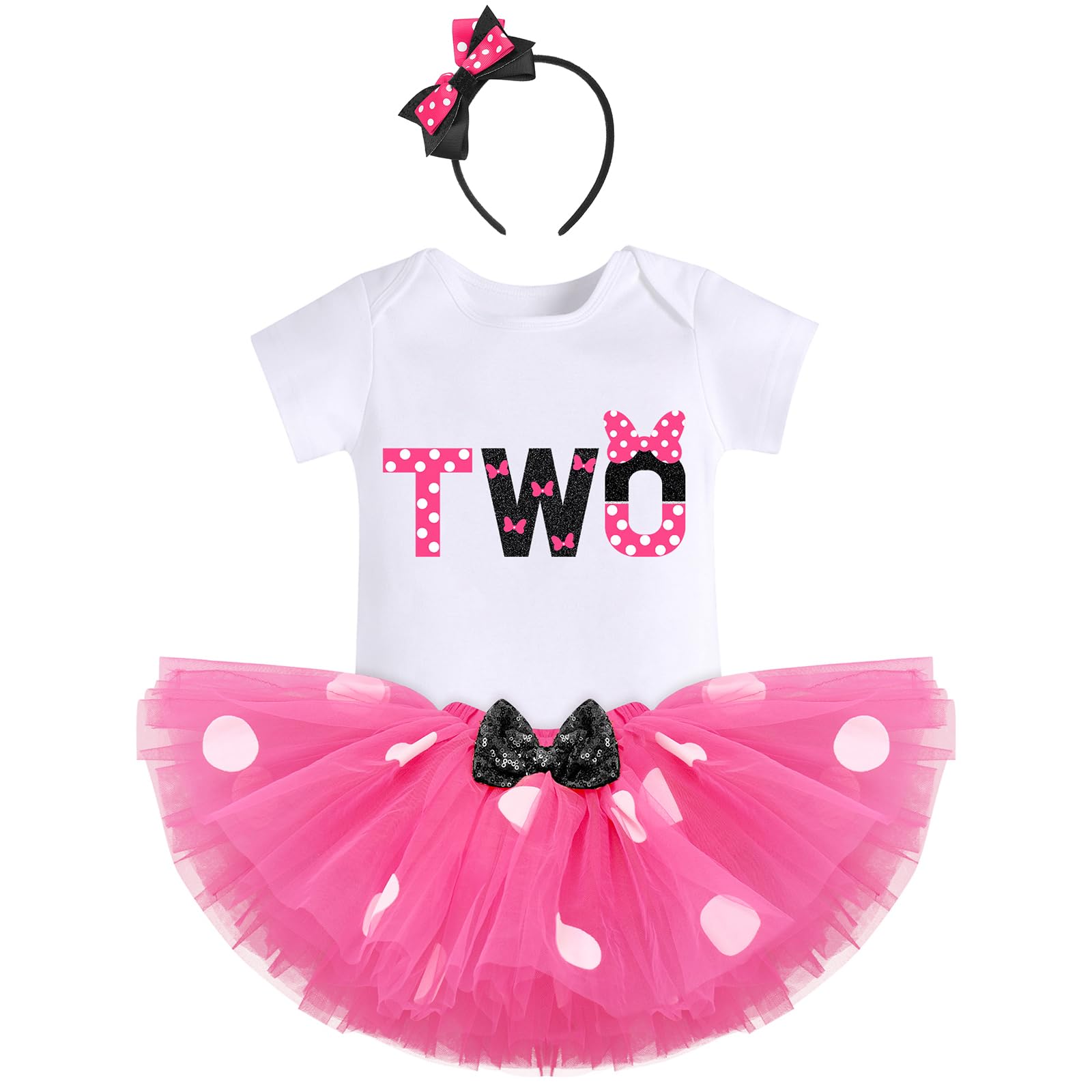 Polka Dots Themed Party Outfit for Baby Girl Princess Romper Bodysuit + Tutu Tulle Sequin Bows Skirt Set + Headband Dress up Photo Shoot Costume Hot Pink + Black - two 2T
