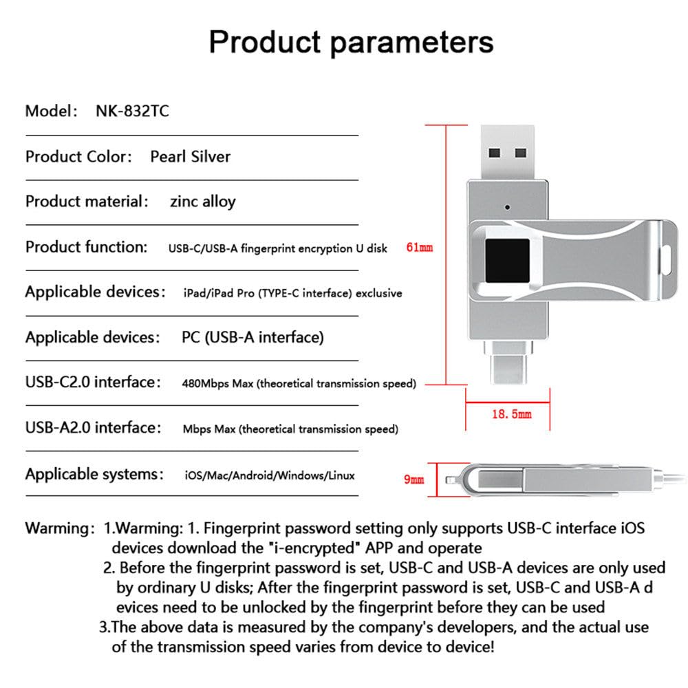 Chiavetta USB 2 in 1 con sblocco e Impronta Digitale, crittografia sicura, ID consentiti, Memoria Portatile, Protezione con Password, Disco USB 256GB