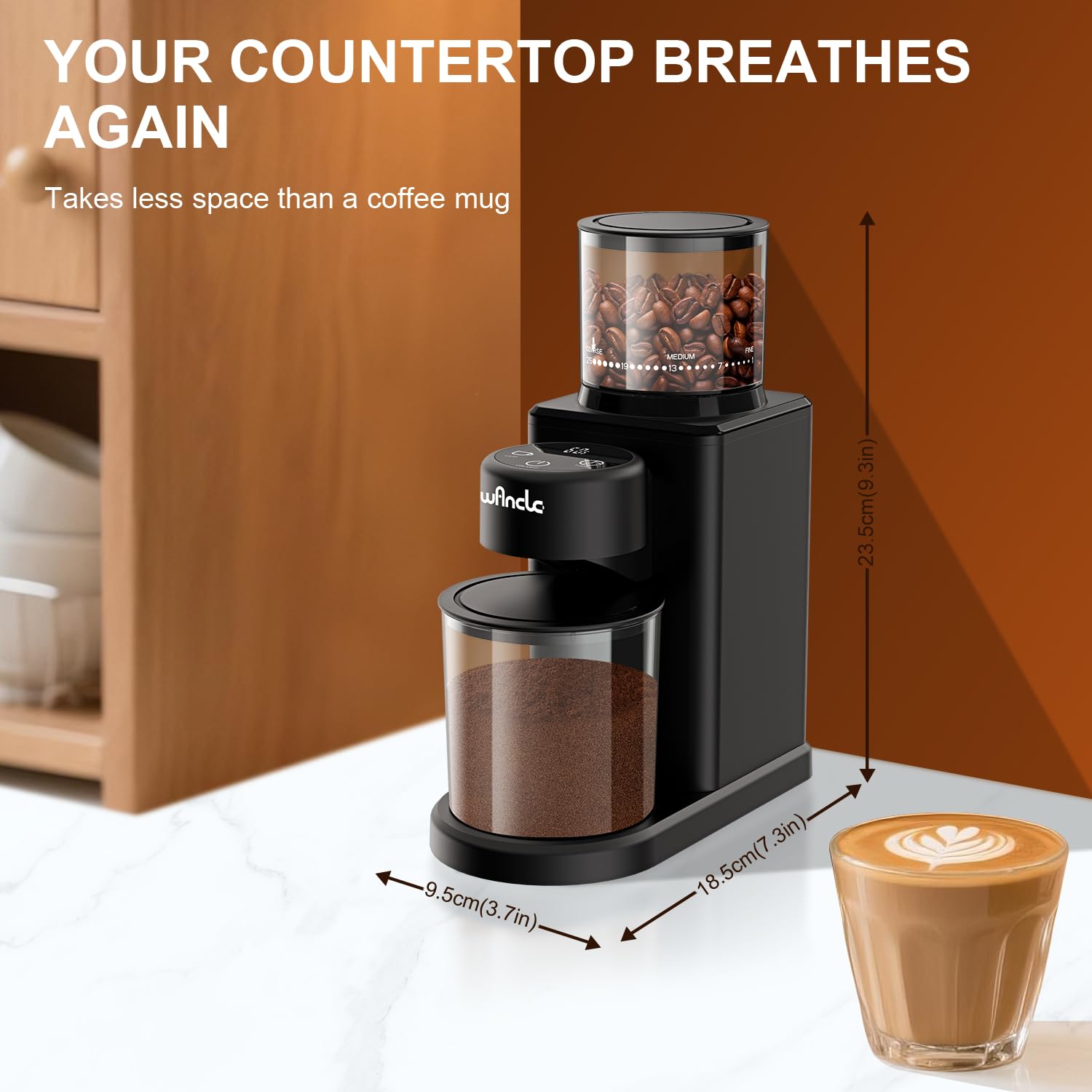 Moulin à Café à Cône Électrique Wancle Édition Tactile à Meules Coniques - 25 Niveaux de Mouture, Minuterie de Précision, Anti-Adhérence, Compact avec Soufflerie, Moteur 200W
