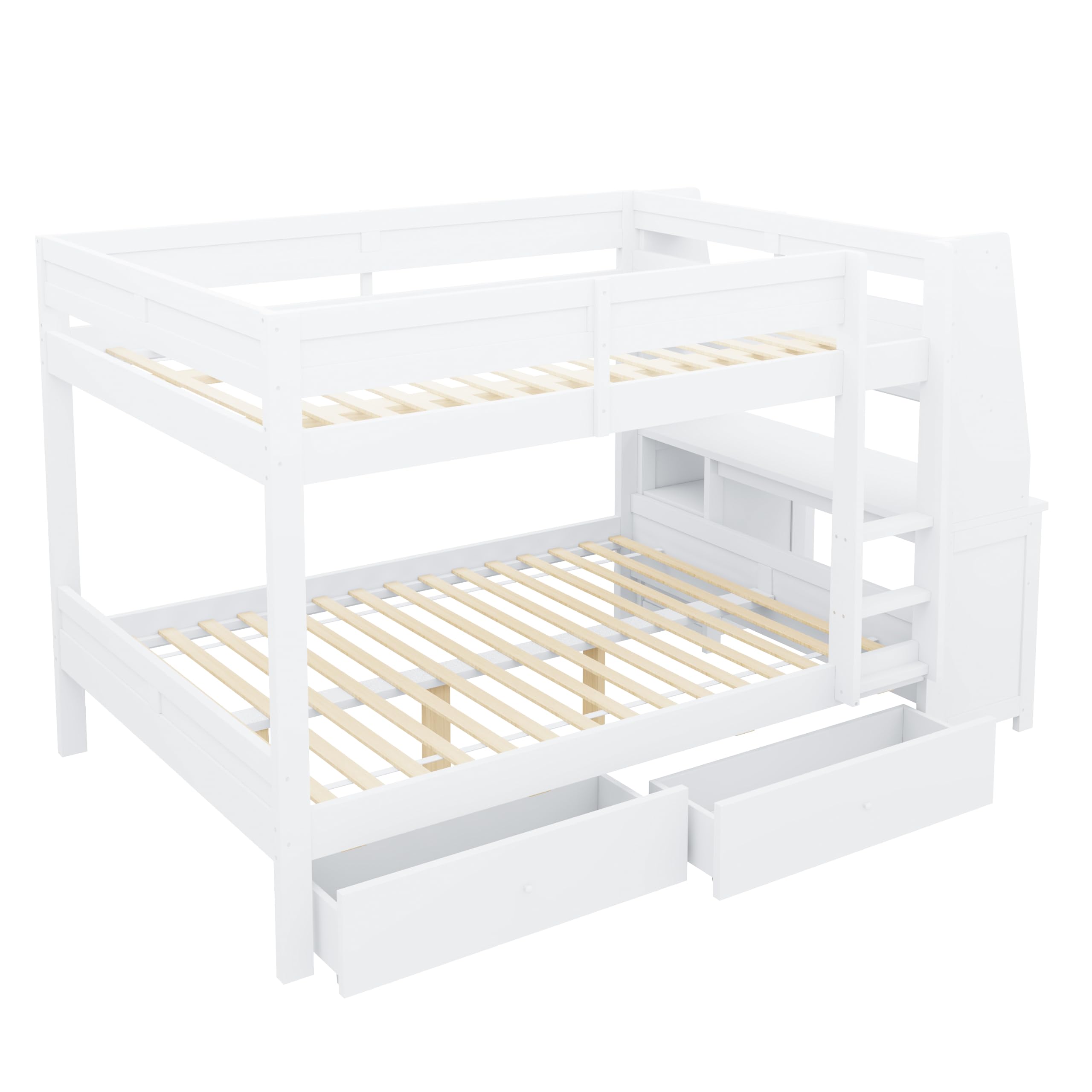 Merax Grand lit superposé 140 x 200 cm avec armoire latérale intégrée (déplacement gauche/droite), bureau, étagère, tiroirs - Blanc (sans matelas)