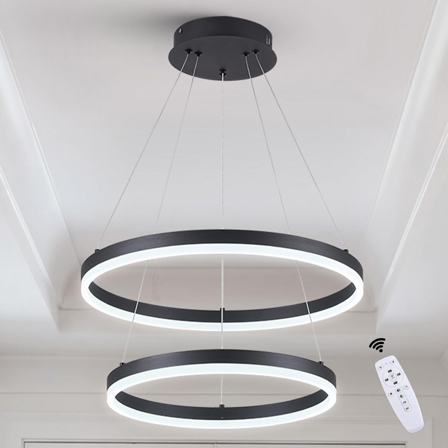 2-Rings Chandelier Black Modern LED Chandeliers for Dinning Room, Dimmable Round Hanging Light with Remote Control Circular Pendant Lighting for Kitchen Island Living Room Entryway, 3000K-6500K