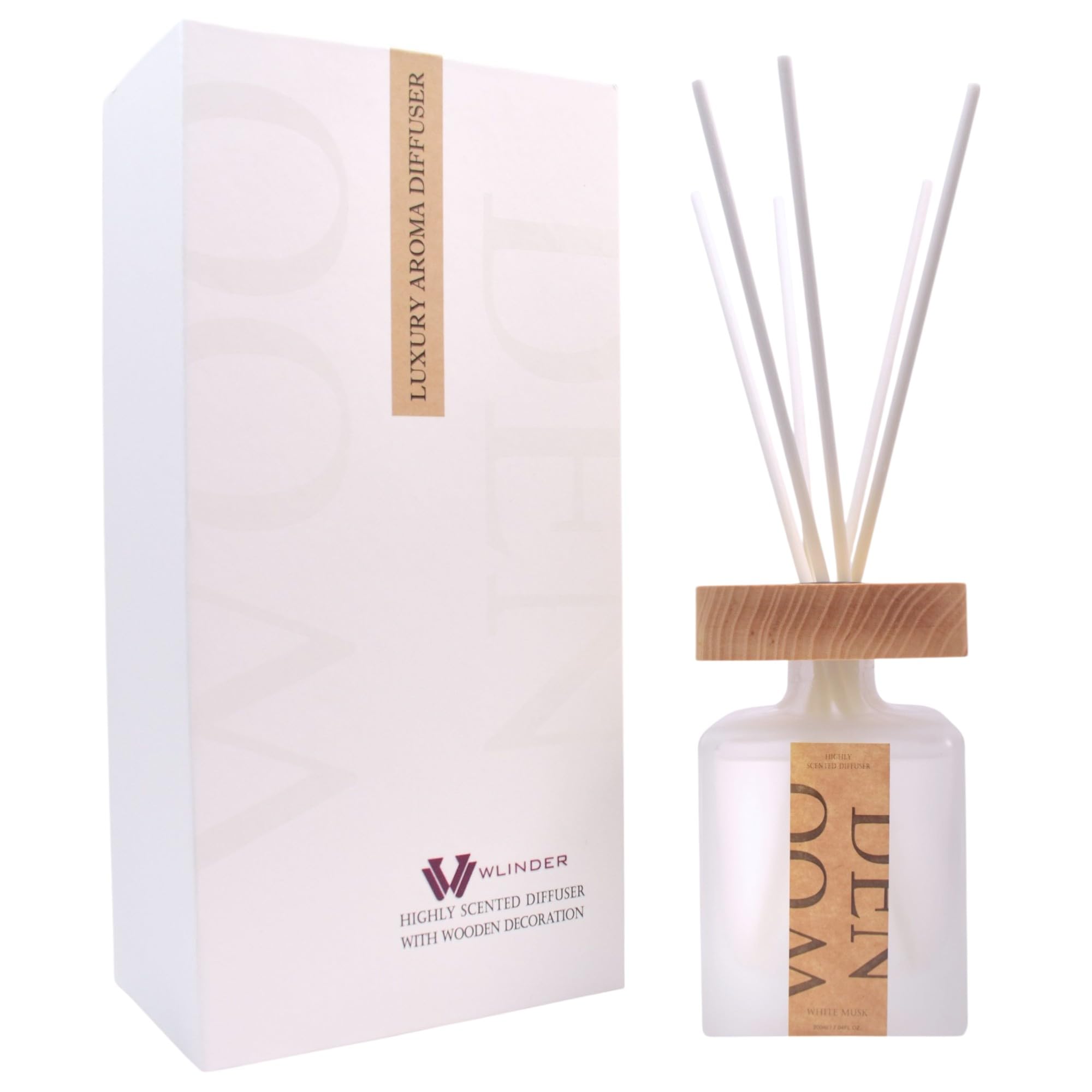 WLINDER White Musk Reed Diffuser Set (White Musk) – 6.7oz Gift Pack | Long-Lasting Aromatherapy Room Freshener with 6 Natural Rattan Sticks | Elegant Gift-Ready Packaging for Home, Office
