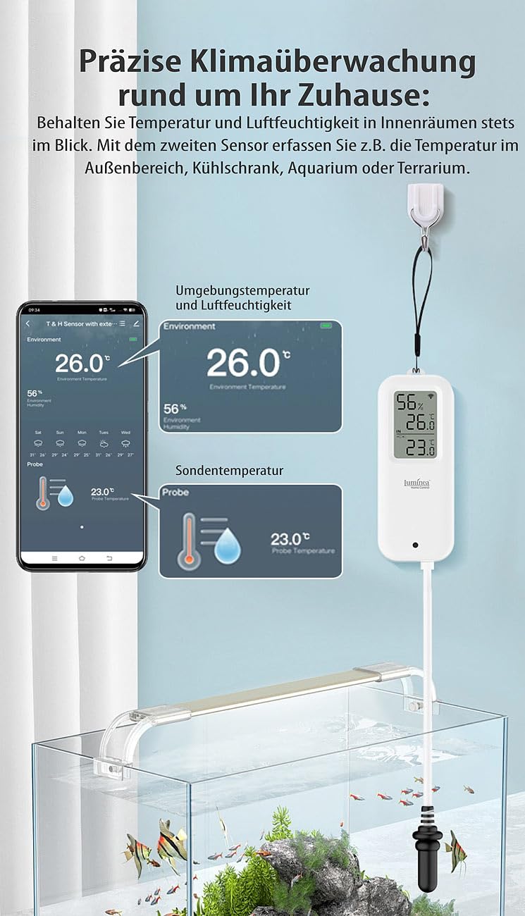Luminea Home Control Sensoren: 4er-Set WLAN-Temperatur-/Luftfeuchtigkeitsmesser, innen/außen, App (WLAN Smart Thermometer Hygrometer, Thermometer mit Fühler, Klima)