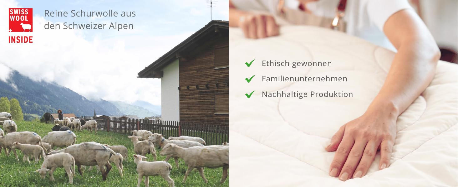 Sommerbettdecke aus Schafwolle 180 g/m² | Leichte Swisswool, Bio-Baumwollbezug, Atmungsaktiv, Temperaturregulierend, Waschbar