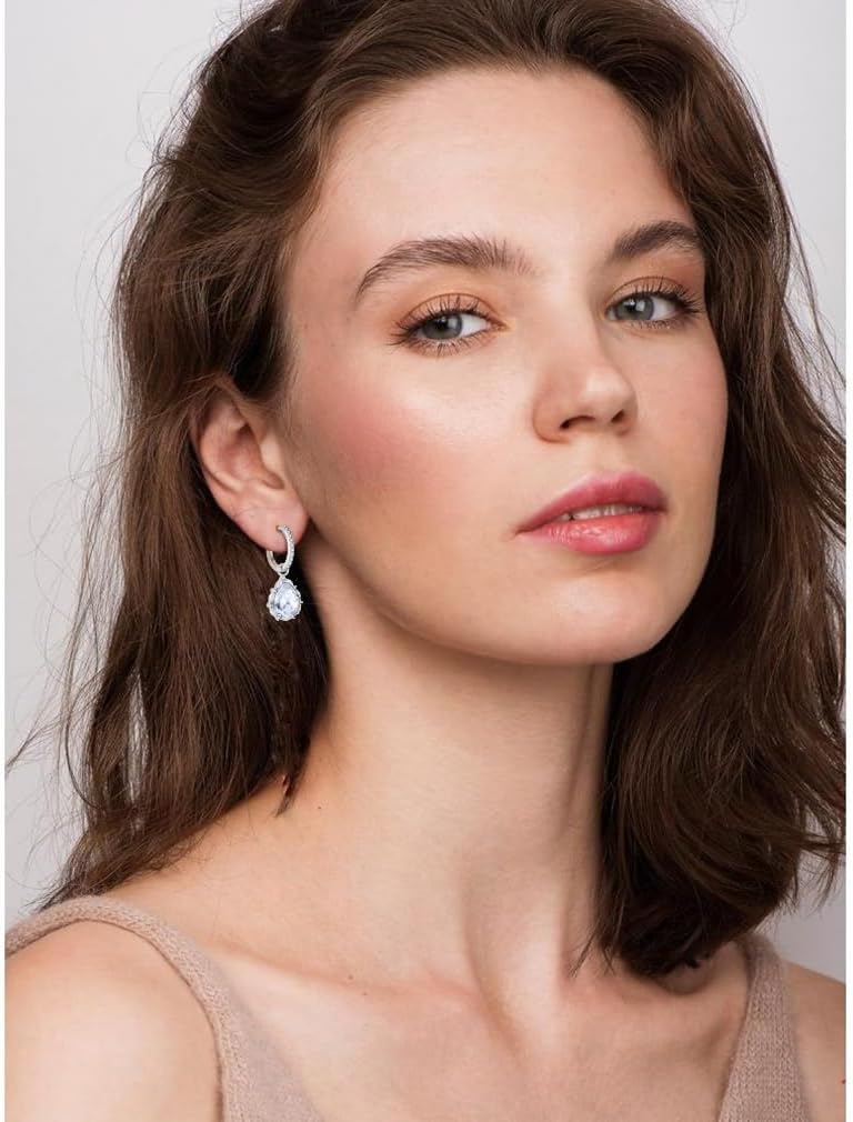 Women 925 Sterling Silver Birthstone Teardrop Huggie 14mm Hoop Drop Dangle Earrings 5A Cubic Zirconia Jewelry
