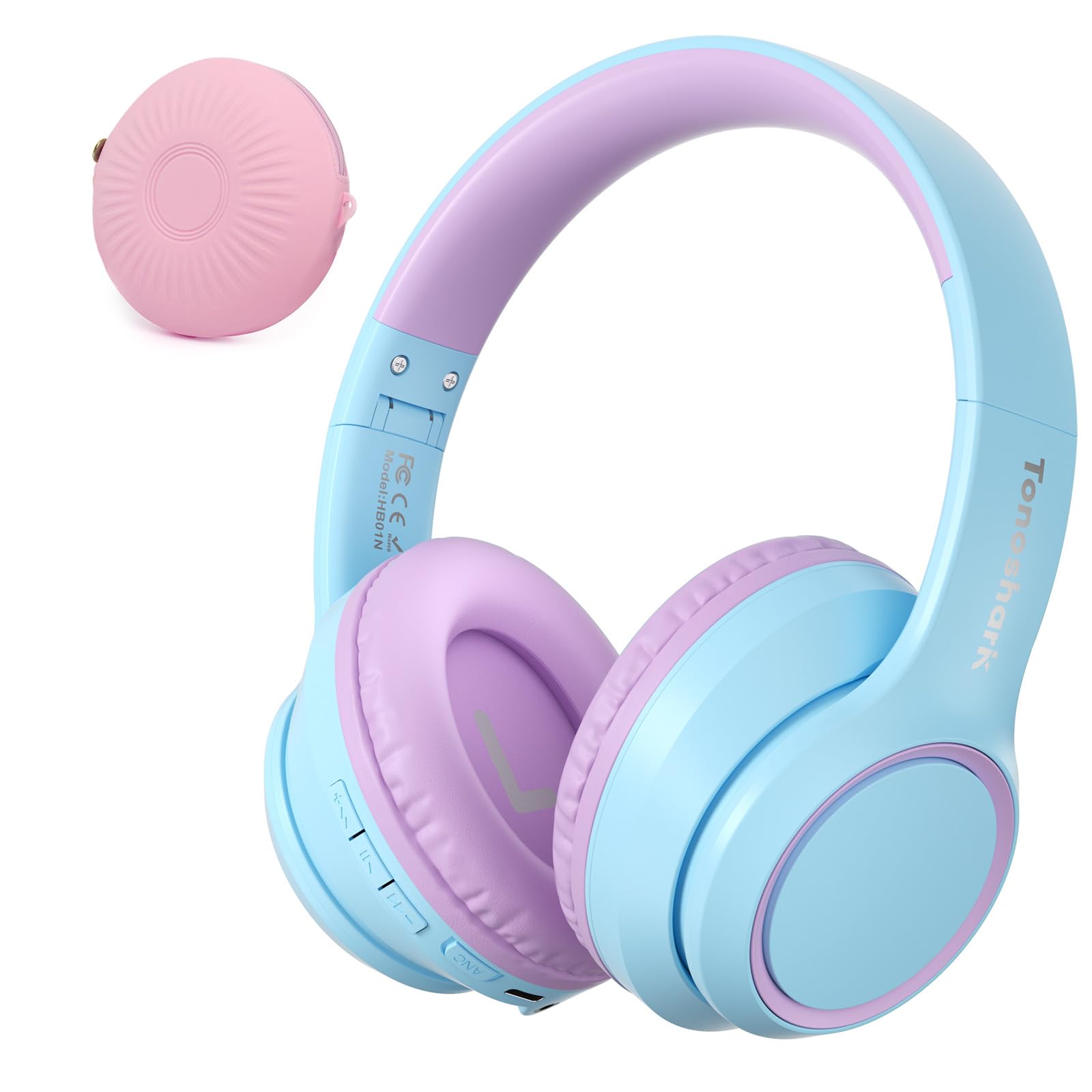 TONOSHARK Kinderkopfhörer Bluetooth | Bluetooth Kopfhörer Kinder | Noise Cancelling Kopfhoerer Kinder | Over-Ear | Kabellos | Mit Mikrofon | 60h Spielzeit - Für Schule/Reisen,Inkl. Tragetasche (Lila)