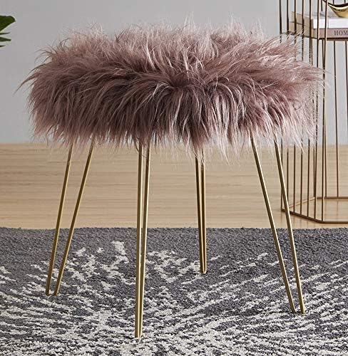 Ornavo Home Modern Contemporary Faux Fur Round Ottoman Foot Rest Stool/Seat with Gold Metal Legs - 17" L x 17" W x 18" H (Blush)