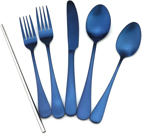 Miniatura 2 de JASHII Modern Royal - Juego de vajilla de 5 piezas de acero inoxidable 1810 azul mate con pajilla, tenedor y cuchara, para boda, festival, Navidad,
