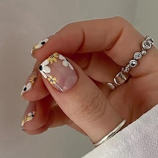 Square Press on Nails Short Length Flower French Tip Fake Nails Sunflower False Nails Summer Full Cover Acrylic Nails Artificial Coffin Nails Reusable DIY Stick on Nails Set Glue on Nail for Women