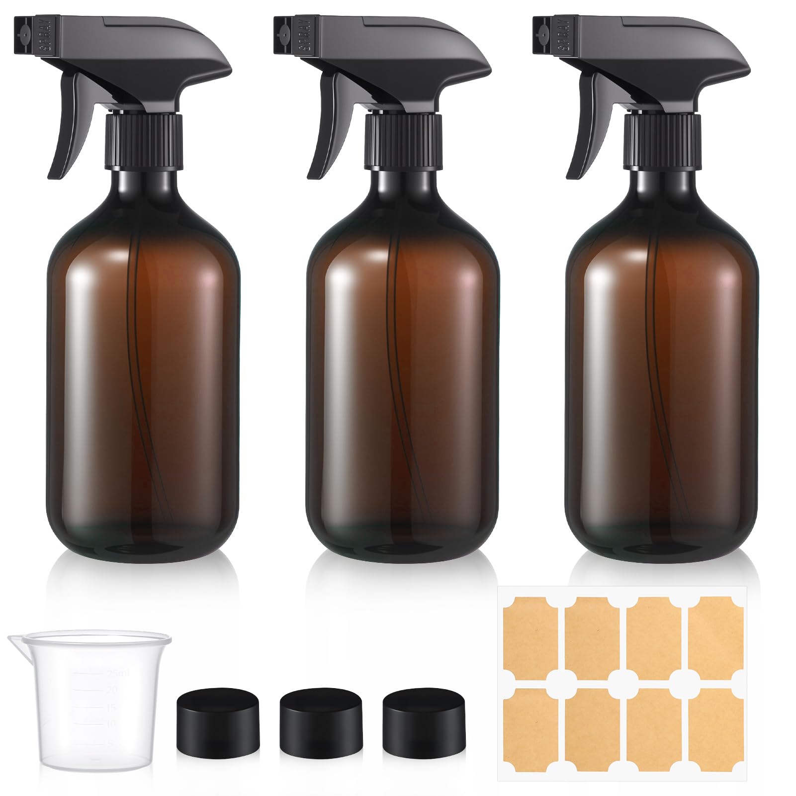 3 Pack 500ml Spray Bottles with 25ml Plastic Beaker & 8 Labels, Refillable Fine Mist Water Sprayer Leakproof Seal Cap for Cleaning, Hair, Plants, Gardening