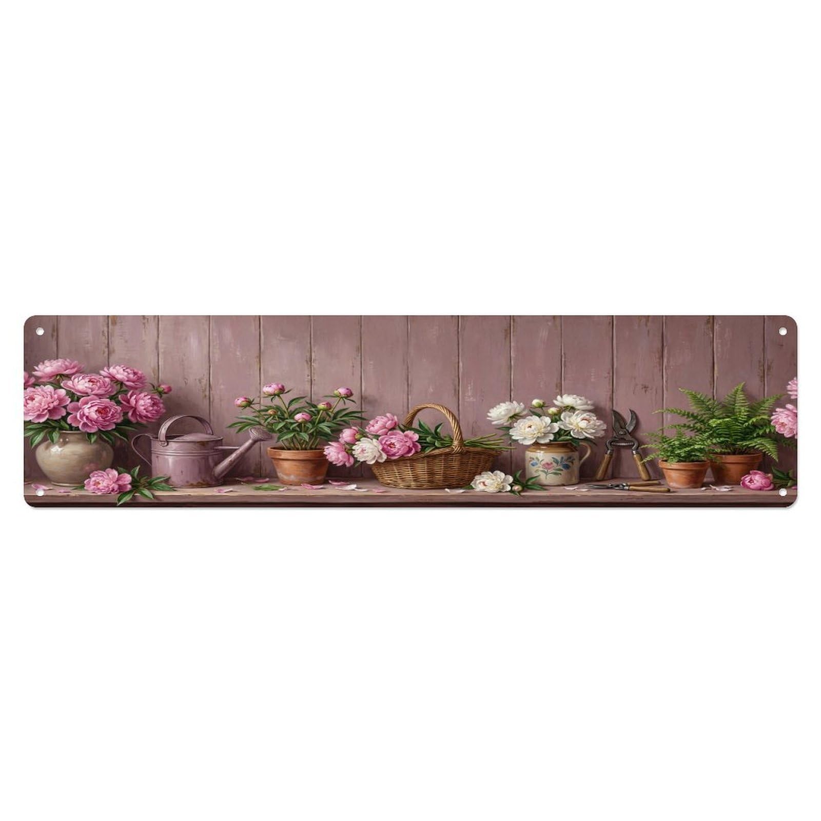 Floral Garden Tools Peony Farmhouse Pattern Print Metal Tin Sign