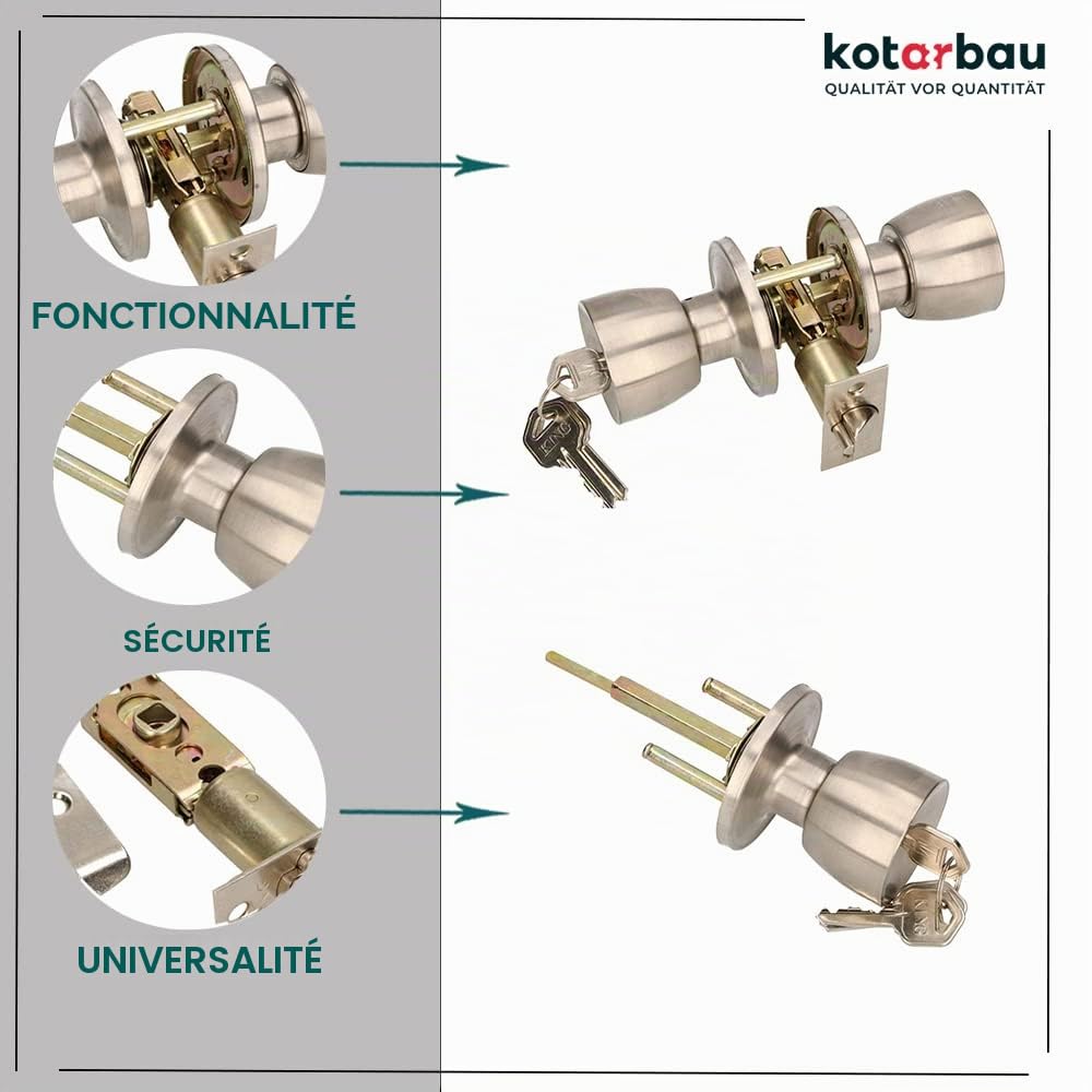 KOTARBAU Bouton de porte avec serrure - En métal - Rond - Avec 3 clés - Rosace à encastrer (satiné)