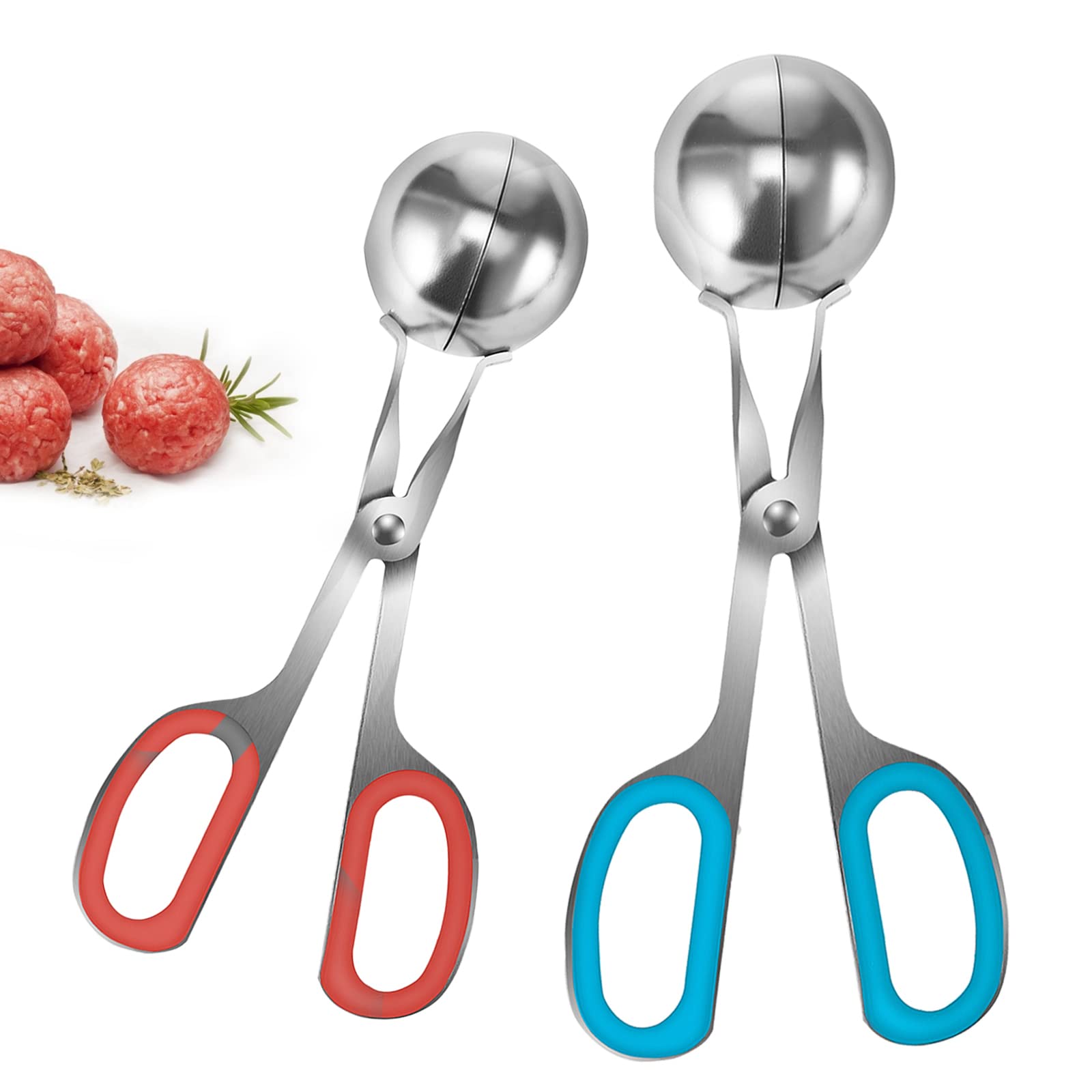 VEVOR Meatball Maker Tongs, 2 PCS per Pack, 1.5" & 2.2" Meat Baller Scoops, Stainless Steel Cake Pop Scoop Ball Maker with Red & Blue Rubber Handles, Meatball Tongs for Meat Fruits Cake Ice Cream