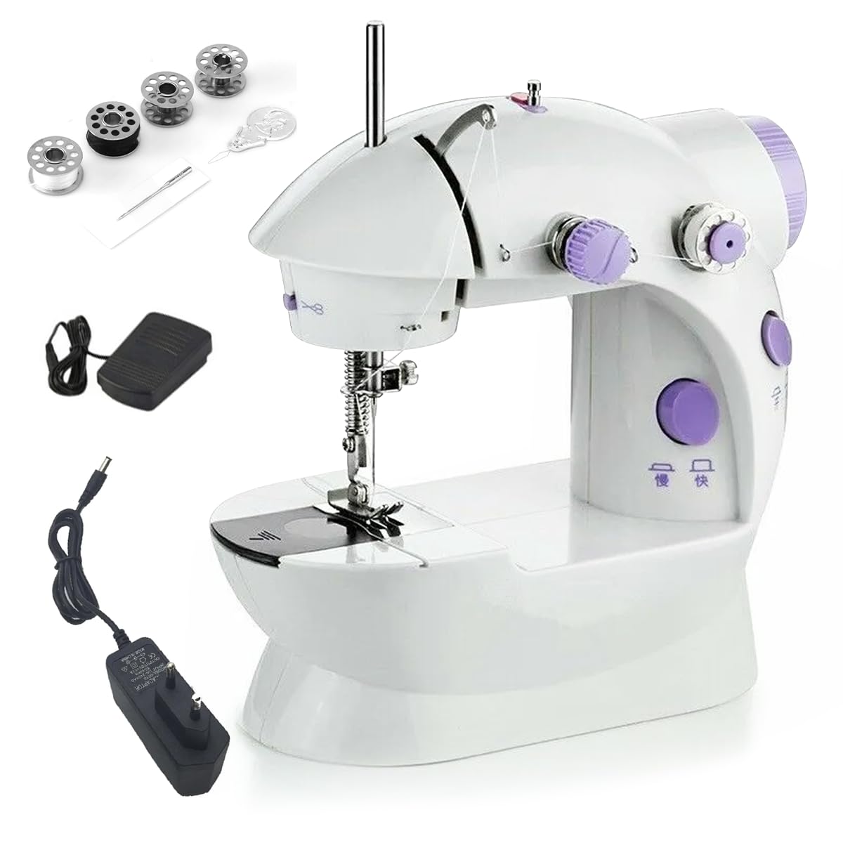 Mini Portable LED Sewing Machine – Compact and lightweight, 2 speeds, dual power, pedal control, perfect for DIY, quick repairs and beginners, accessories included