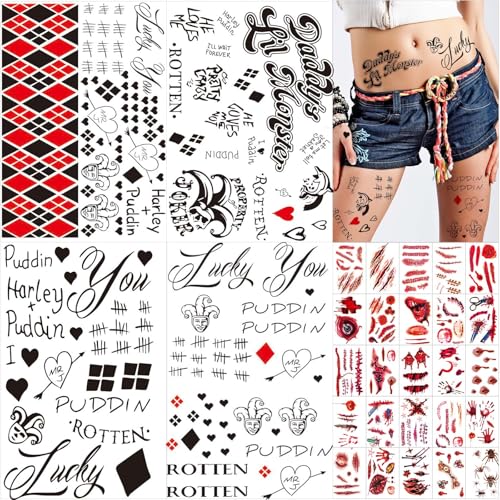 Image of Zeecdatoo 34 Sheets Halloween Temporary Tattoos, HQ Joker Tattoos for Halloween Cosplay Costumes and Party Accessories, Halloween Zombie Fake Scars Tattoos (Large Size)