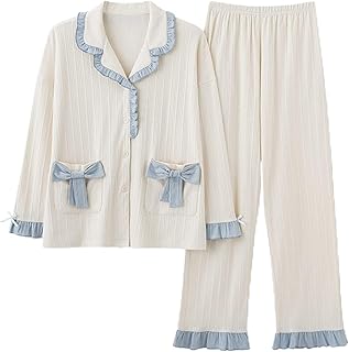 [Unifizz] パジャマ レディース 春秋 かわいい 長袖 綿 前開き ルームウェア ロングパンツ 肌に優しい おしゃれ 部屋着 上下セット ゆったり 通気吸汗 韓国風 萌え 女の子 学生 修学旅行 女性 M 182_ホワイト