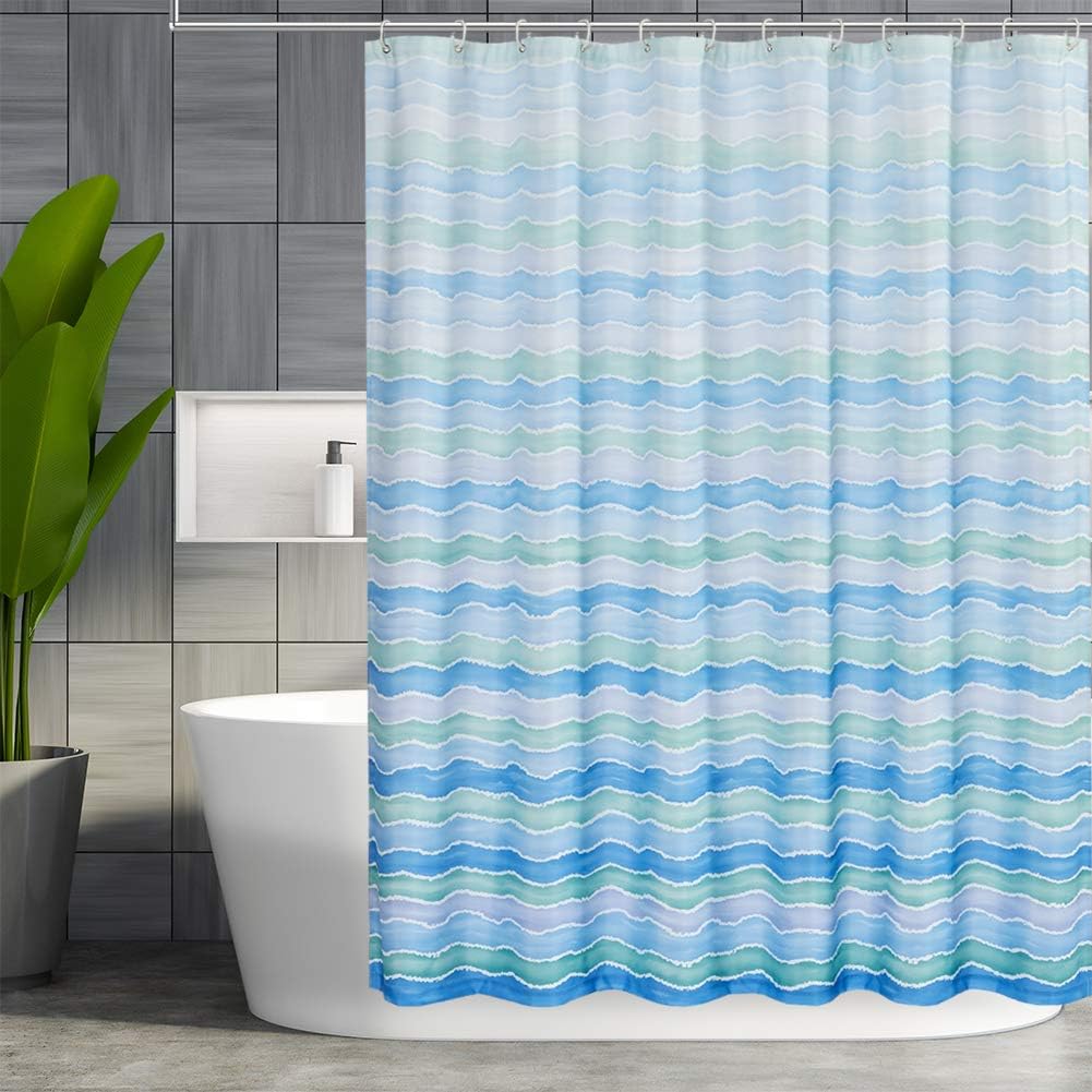 Fabric Shower Curtain, 72-Inch Art Painting Multi Color Neutral Watercolor Wave Abstract Bathroom Curtain Sets, Heavy Weighted Bath Curtains (72 x 72, RV Teal Blue)