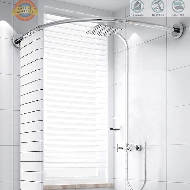 Shower curtain rod Curved Extendable L Shaped Corner Bath Curtain Rail Bar No Drilling Adjustable 304 Stainless Steel Bathroom Tub Pole