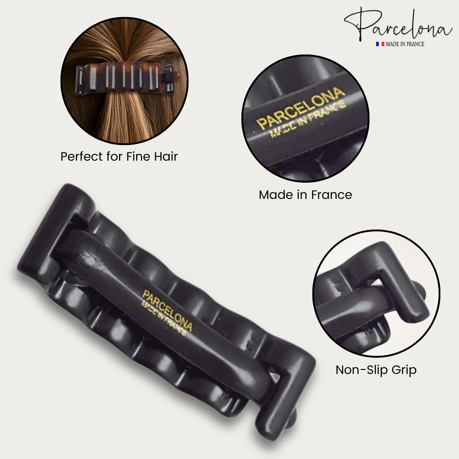 Parcelona French Crinkled Tortoise Shell and Black 3" Hair Clip Metal-Free Celluloid Acetate Barrette for Fine to Medium Hair Non-Slip, Durable Women Hair Accessories 2 Pcs - Image 5