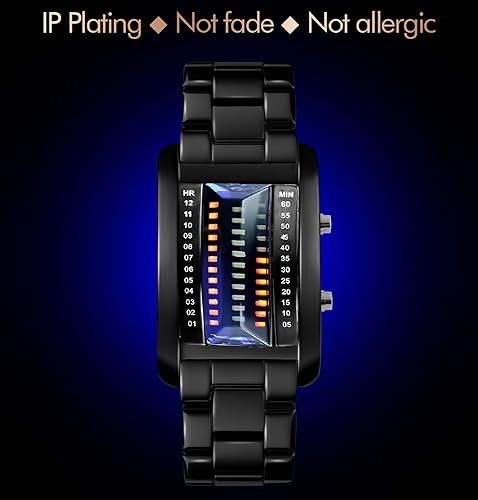 Miniatura 6 de Reloj digital digital para hombre, diseño de matriz binaria creativa, resistente al agua, de acero inoxidable, de plata militar