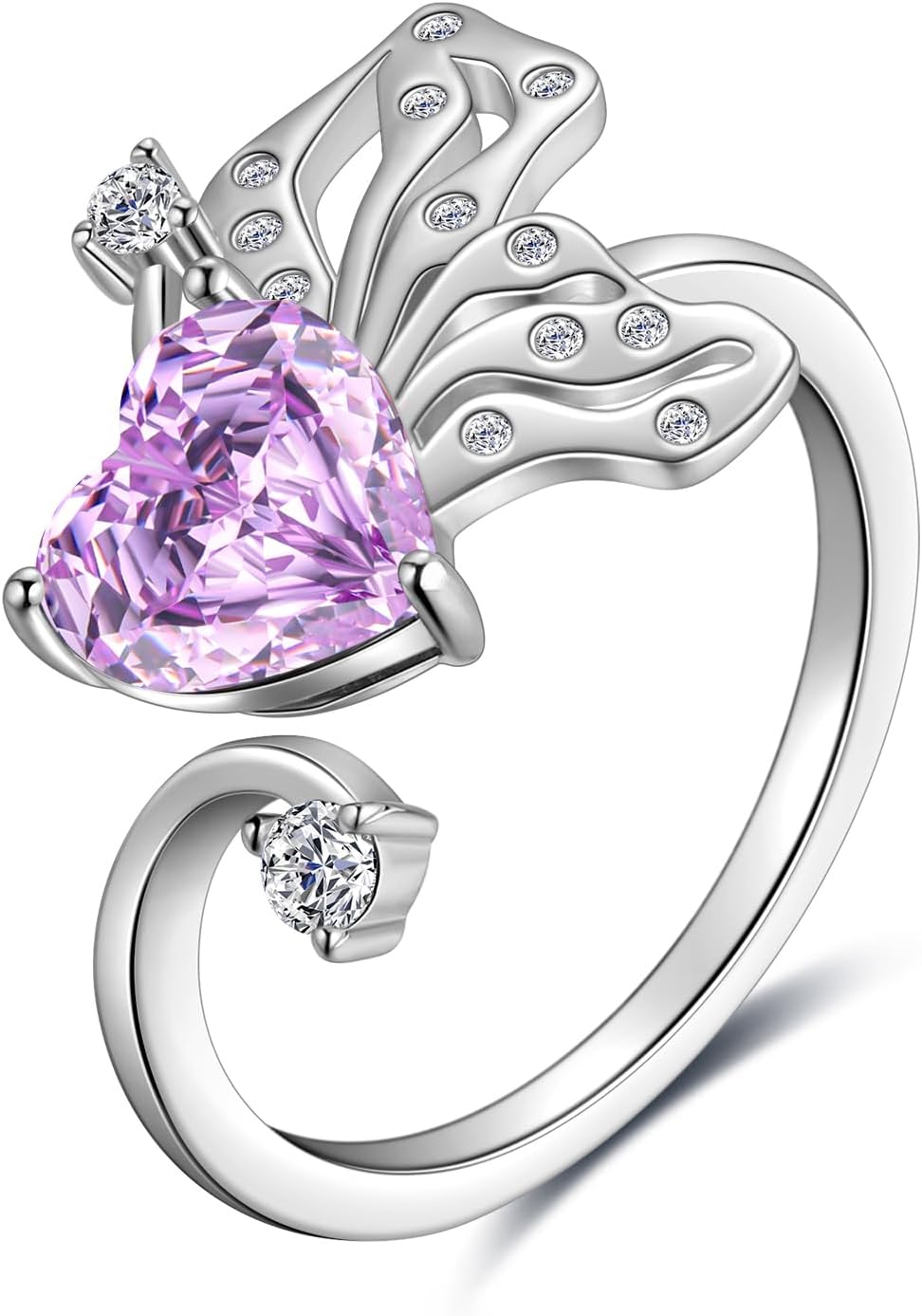 Butterfly Heart Birthstone Ring - 925 Sterling Silver Rose Cut Cubic Zirconia Adjustable Butterfly Ring Anniversary Engagement Promise Ring Birthday Jewelry Gift for Women Wife Mom Daughter