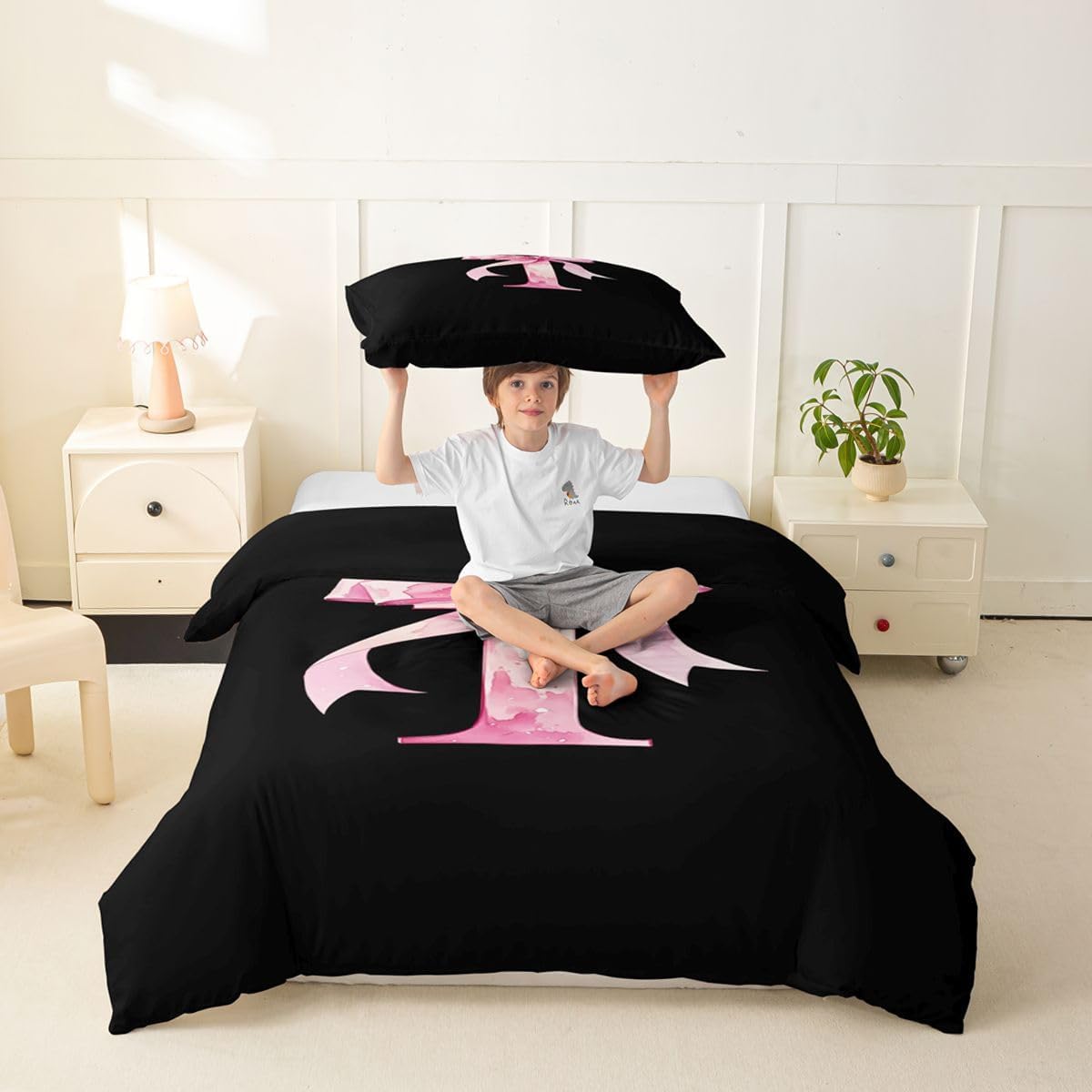 jejeloiu Personalized Initial I Duvet Cover Toddler Size Pink Black Glitter Bow Comforter Cover for Boys Girls Princess Style Bowknot Bedding Set 2Pcs Room Decor No Comforter