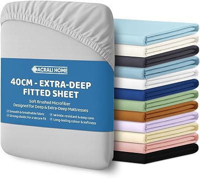 ACRALI HOME Double Fitted Sheet 190x137+40cm - 40cm Extra Deep Pocket, Microfiber Silver Bottom Sheet for Double Bed Easy Care, Hotel Quality Soft Bedsheet - Breathable, Shrinkage & Fade Resistant