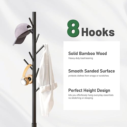 Miniatura 3 de Black Coat Rack Stand, Bamboo Wood Freestanding Coat Tree with 8 Hooks, Hallway Entryway Hat Hanger Organizer Standing for Bedroom, Office, Clothes,