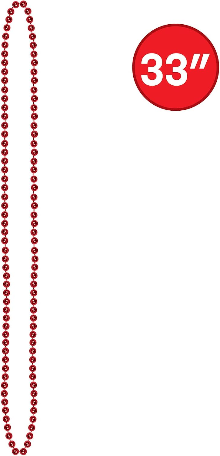 Beistle Red Party Beads – 50 Pack, Bulk Plastic Bead Necklaces, Lightweight Costume Accessories for Mardi Gras, New Year’s Eve, Themed Parties, Stage Styling, Photo Booth Props & Event Décor, 33”