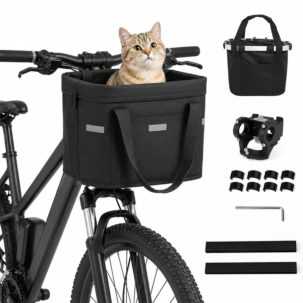 Cestino Bicicletta Anteriore, Pieghevole Rimovibile Cestino Bici, Tessuto Oxford 600D Telaio in Alluminio Cesto Bici Anteriore per Spese Campeggio Pendolarismo Cani Piccoli Pendolari, Nero