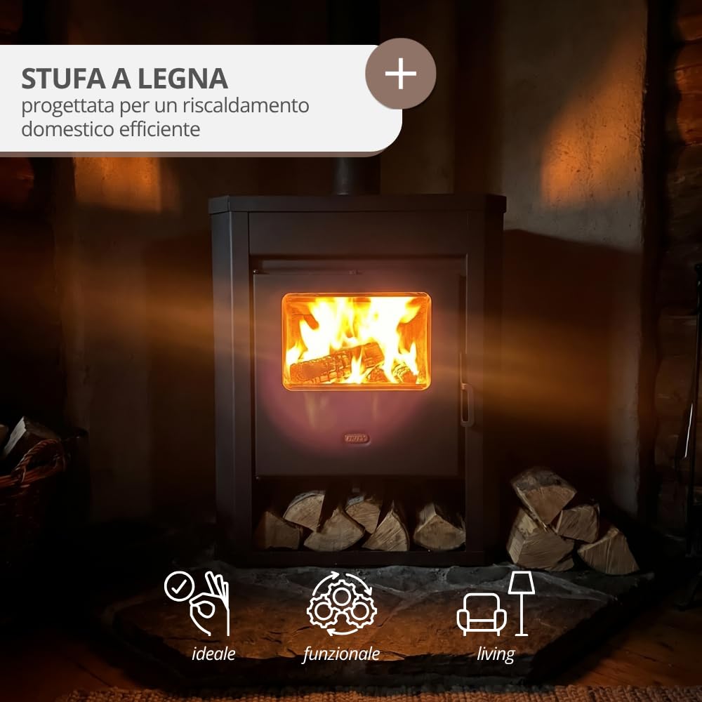 Prity WD, stufa a legna da 11 kW, grande focolare certificato CE, bruciatore a legna autoportante, conforme alla norma EN 13240