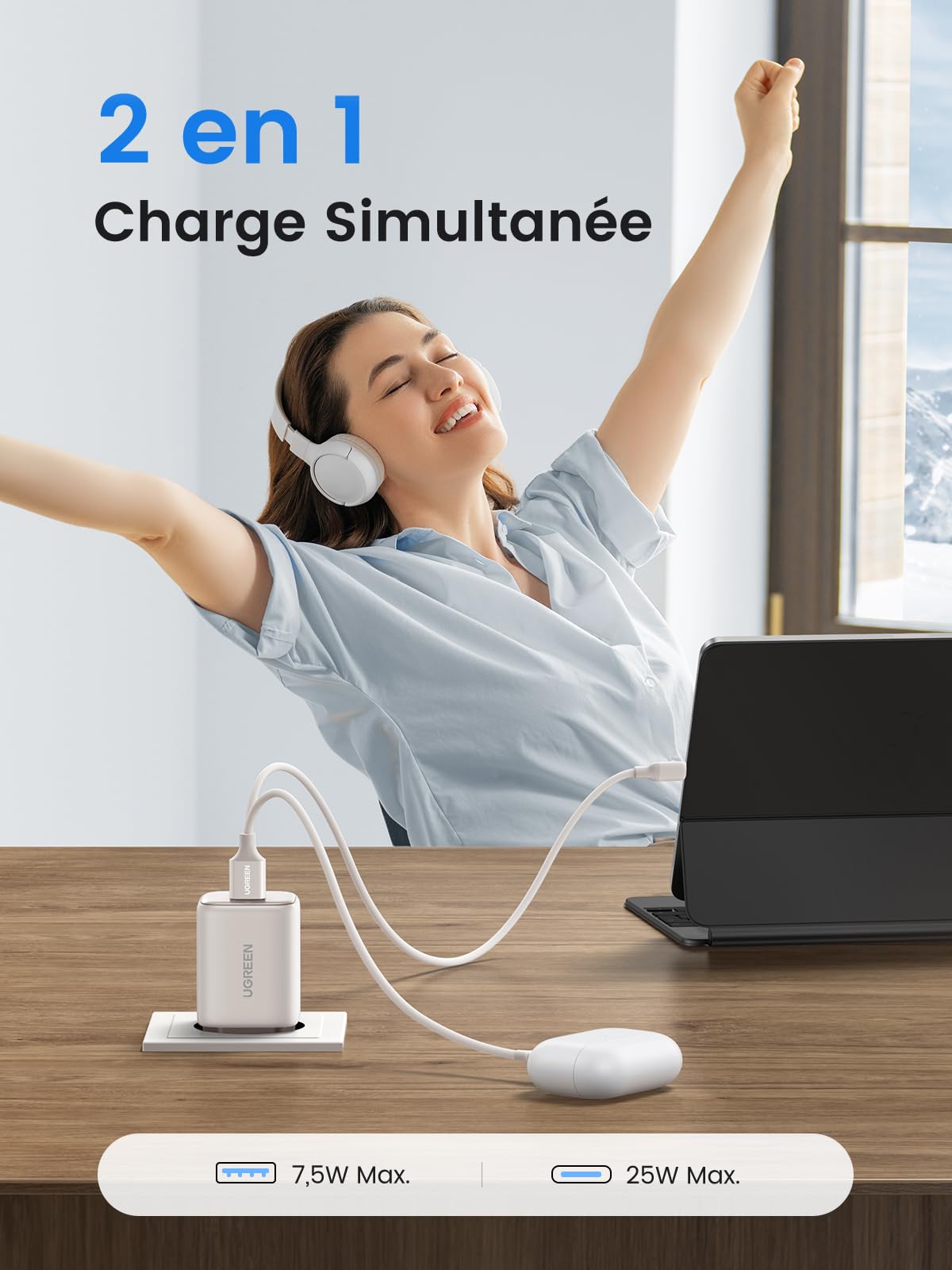 UGREEN Nexode 35W Chargeur USB C Rapide iPhone 2 Ports GaN Prise Secteur Compatible avec iPhone 17 Pro Max Air 16 15 14 13 Plus Pixel 9 8 Pro 7a Galaxy S25 S24 S23 A56 A16 iPad MacBook Air Neo(Blanc)
