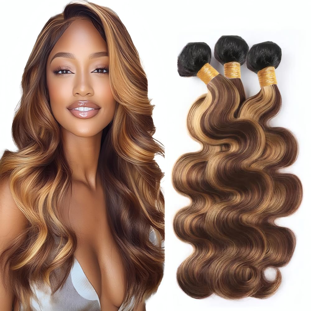 Photo 1 of T1BP4/27 Body Wave Human Hair Bundles Brown Ombre Honey Blonde Mixed Length 26 28 30 Inch Unprocessed Brazilian Virgin Hair 3 Bundles 3 Tone Black Roots to Brown Mixed with Blonde