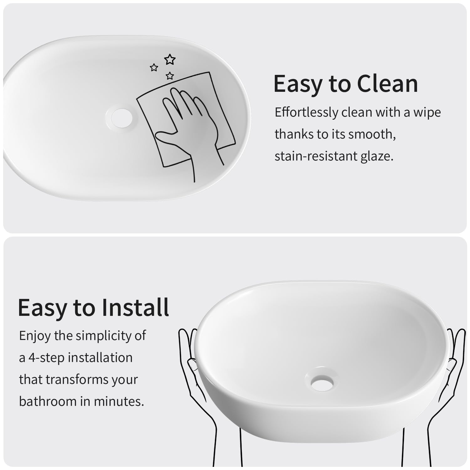 Fregaderos ovalados de 19 x 14 pulgadas para baño, lavamanos de porcelana blanca de cerámica para baño, fregadero moderno de encimera, lavabo de tocador, lavabo artístico