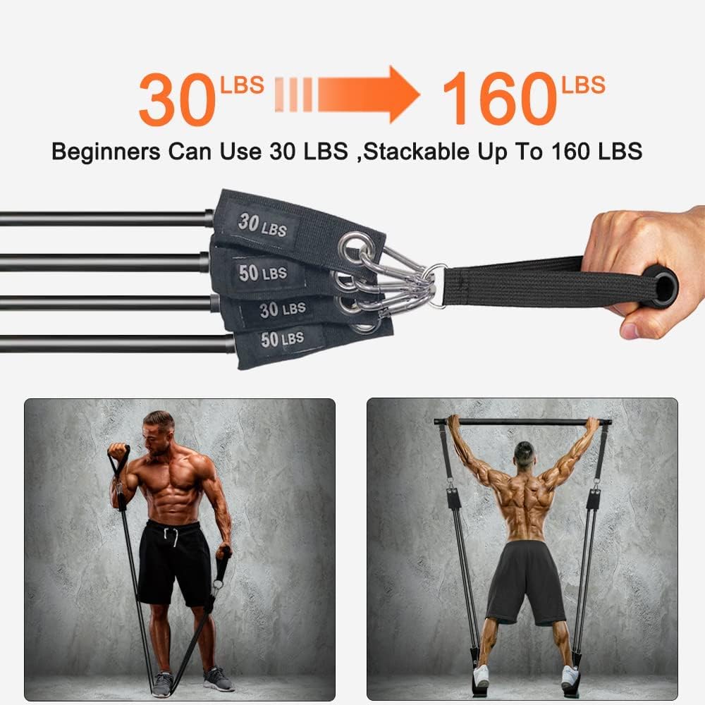 Pilates Bar with Resistance Bands(30&50lbs),Adjustable Height,Protable at Home Workout Equipment for Women &Men Fitness,Exercise Band Bar,Comfortable Handles and Door Anchor for Resistance Bands Bar