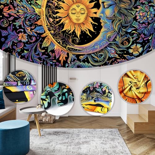 Image of MAKABEE Tarot Style Sun and Moon Tapestry Psychedelic Mystic Floral Tapestry Hippie Boho Flower Plants Wall Tapestry Vintage Aesthetic Tapestry Wall Hanging for Bedroom