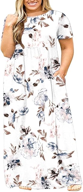 WNEEDU Womens Plus Size Maxi Dresses Summer Casual Long Dress Short Sleeve with Pockets 2026