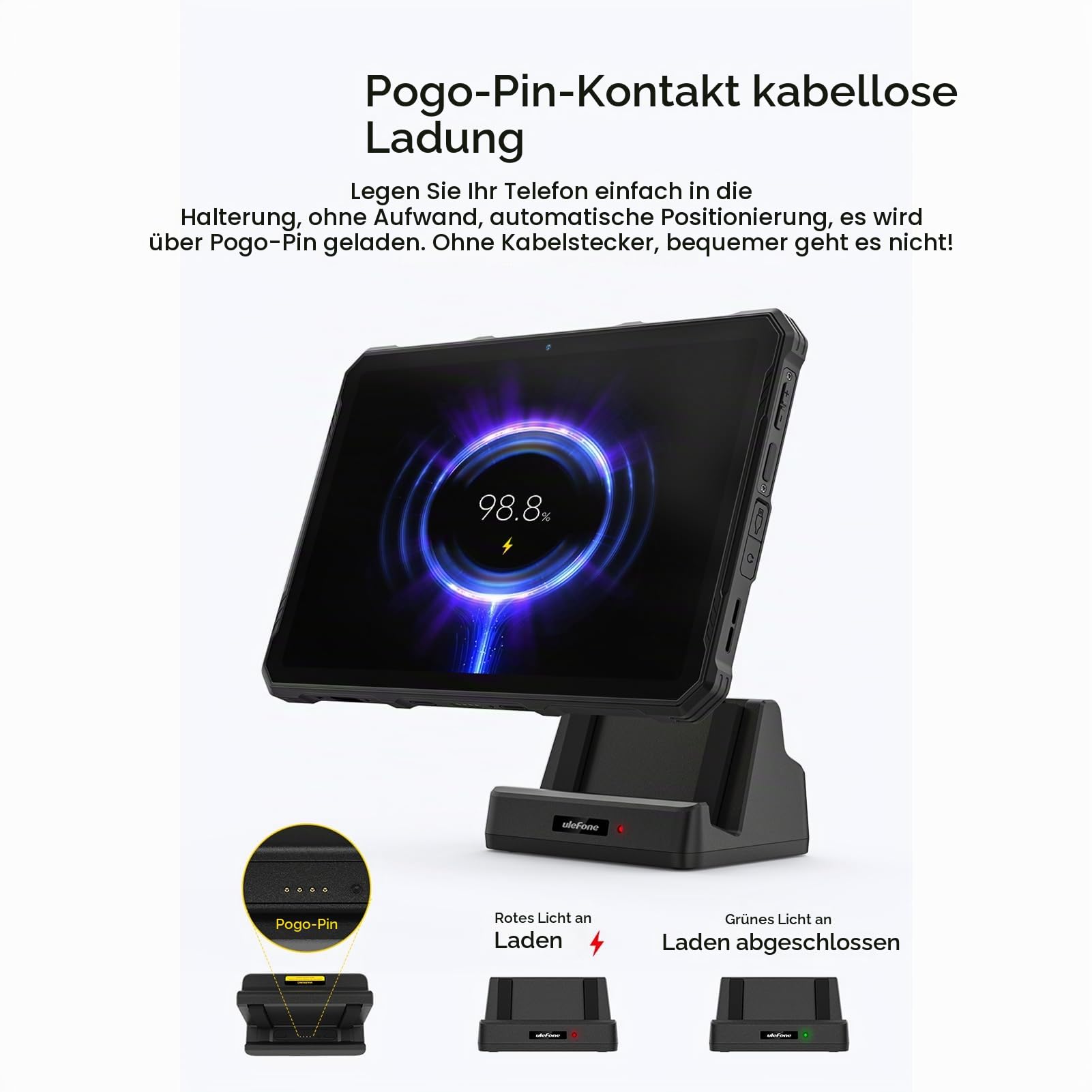 Ulefone 10W Schreibtisch-Ladedock, Armor Pad 4T/4 Ultra Tablet Ladestation, Kabelloses Laden, Standfest, Doppelausgang, 2-in-1 Ladehalterung mit Pogo Pin, für Armor Pad 4 Serie