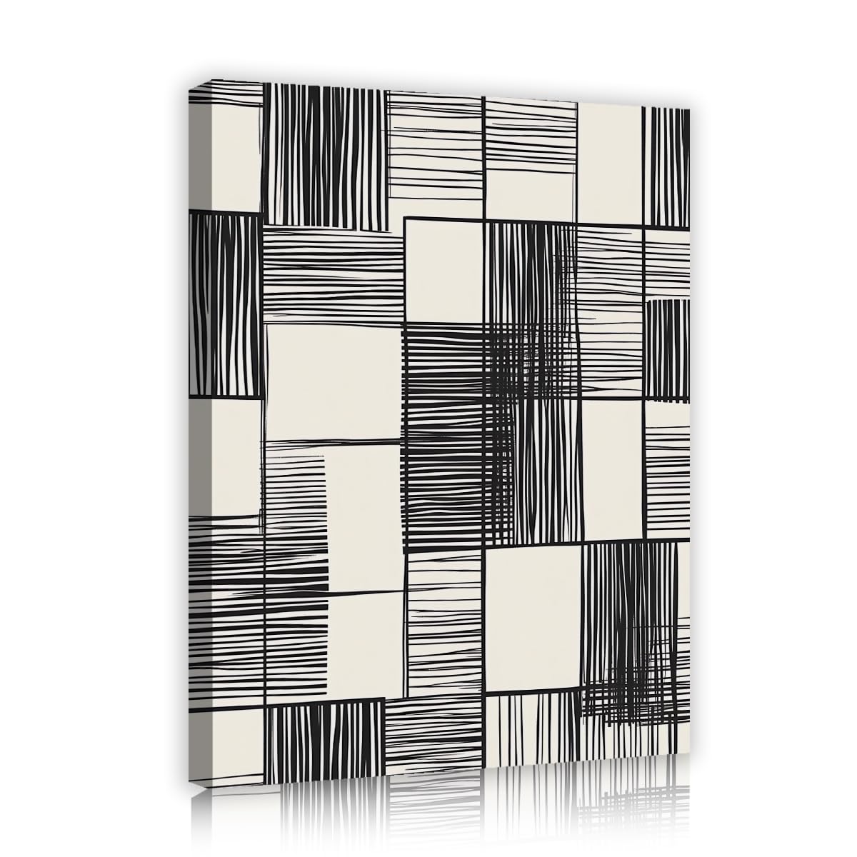 TOANGWALL Geometric Boho Grid Framed Canvas Wall Art Living Room Modern Black White Minimalist Line Square Poster Prints for Bedroom Apartment Decor 80x95cm