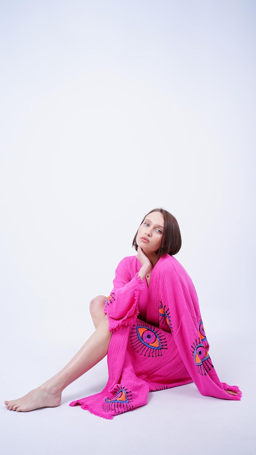 Handmade Evil Eye Boho Festival Kimono Boho Beachwear Beachwear Cover Up Ethnic Kimono Cardigan Bathrobe Morning Robe - Image 7